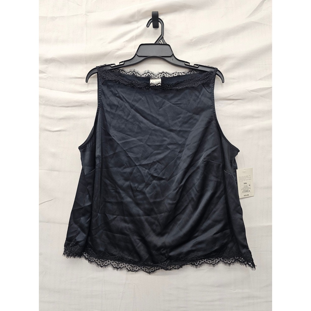 A New Day Womens Lace Trim Satin Tank Top Black Polyester Casual Size XXL